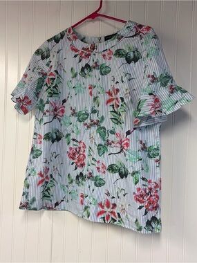 Banana Republic Floral Stripe Ruffle Sleeve Blouse - White/Green/Pink Medium